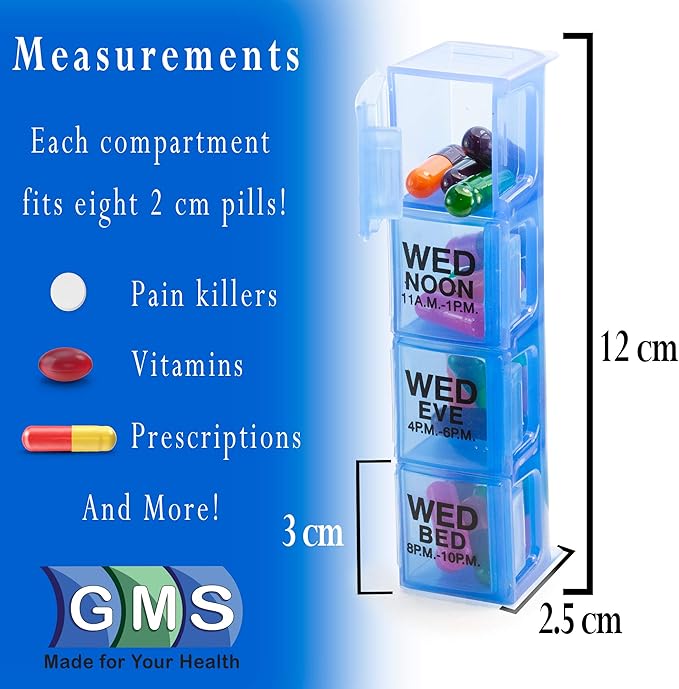 GMS 7 Day Pill Organizer Tray - Large with Removable Daily Pill Boxes with 4 Compartments Each for Storing and Organizing Prescriptions and Other Meds - Rainbow