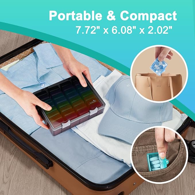 Fullicon Monthly Pill Organizer 1 Time a Day with 32 Compartments, 30 Day Pill Organizer with Labels, Portable Medicine Pill Organizer for Vitamin, Fish Oil, Supplements (Black/Rainbow)