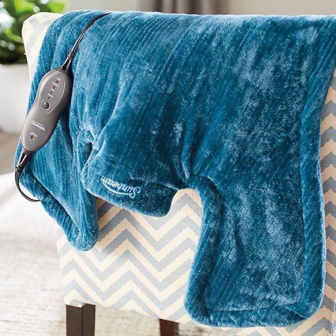 Sunbeam XL Renue Contoured Heating Pad, 25" x 25", For Neck & Shoulder Pain Relief with Auto Shut Off, Moist Heating Option, Machine-Washable, Lakeshore Blue