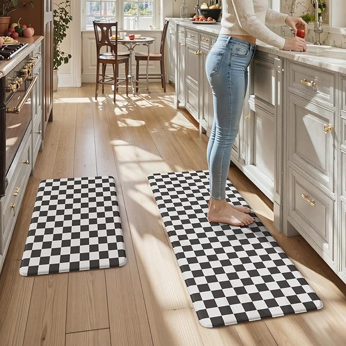 KIMODE Anti Fatigue Kitchen Mat for Floor, 17"x47"+17"x29" Checkered Kitchen Rugs Sets of 2, Kitchen Floor Mats Non-Slip, Cushioned Standing Desk mat for Sink Laundry Office Black and White