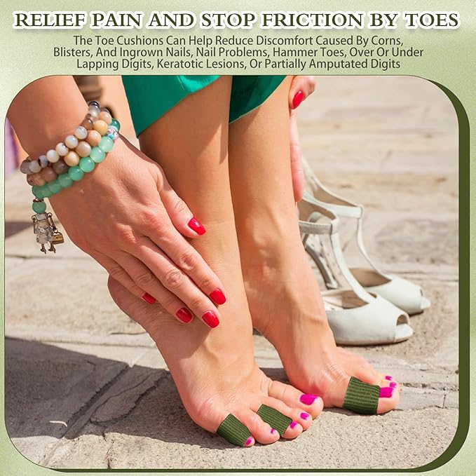 Blulu 24 Pieces Toe Tubes 0.98 Inches Cushion Tube Corn Pads for Toes Sleeves Soft Gel Protectors for Cushions Corns Blisters Calluses 3 Size(Military Green,Assorted Sizes)