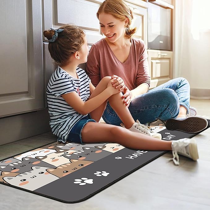 Cat Kitchen Rugs 2 Piece Set for Floor Mat, Non Skid Washable Absorbent Microfiber Cat Kitchen Mat for in Front of Sink for Standing for Home Cats Kitchen Decor 17"X30"+17"X47"