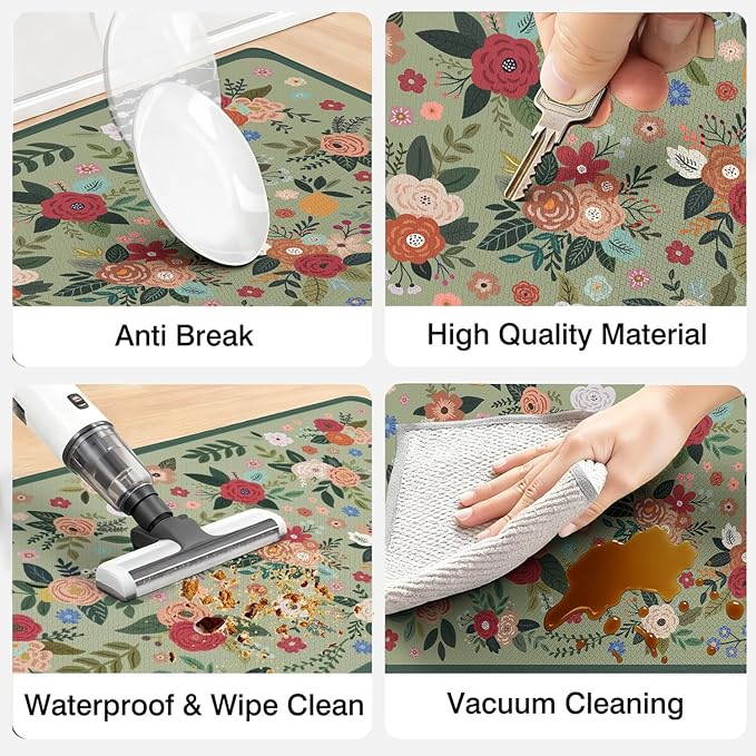 Anti Fatigue Boho Kitchen Rugs Set of 2, Floral Kitchen Mats for Floor, Farmhouse Kitchen Decor, Anti-Slip and Anti-Fatigue Foam Standing Mat,17x30 inch Sink Mat+17x48 inch Runner Rug Green