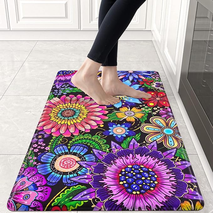Likiyol Boho Kitchen Rugs, Boho Floral Anti Fatigue Kitchen Mat for Floor, Bohemian Flowers Non Slip Washable Kitchen Floor Mats, Comfort Standing Mat, 18''x30'', Floral