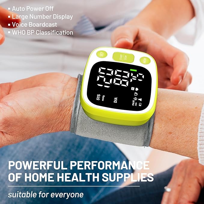 Oklar Blood Pressure Monitors for Home Use Rechargeable Wrist Digital BP Machine Cuff with LED Backlit Display, Voice Broadcast, 240 Memory Storage for 2 Users with Carrying Case, Green