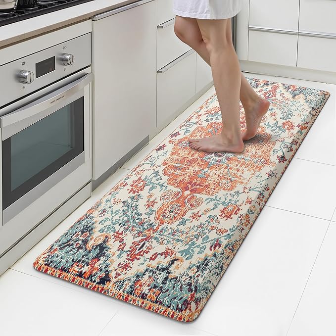 MAYHMYO Boho Kitchen Mat Anti Fatigue Ethnic Kitchen Cushioned Floor Mat Orange Blue Kitchen Rugs Non Slip Cool Rugs for Kitchen Office