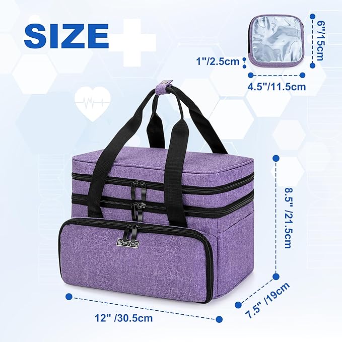 BAFASO Double Layer Medicine Bag with 2 Detachable Pouches, Pill Bottle Organizer for Travel and Daily Use (Bag ONLY), Purple