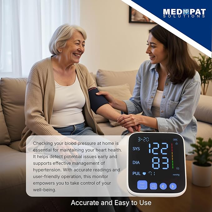 Med-Pat BP-S Arm Blood Pressure Monitor - 4.7" HD LCD Screen - 2 Users x 300 Memories Plus Guest Mode - Irregular Heartbeat Detection - Hold Still Indicator - Portable Square Design
