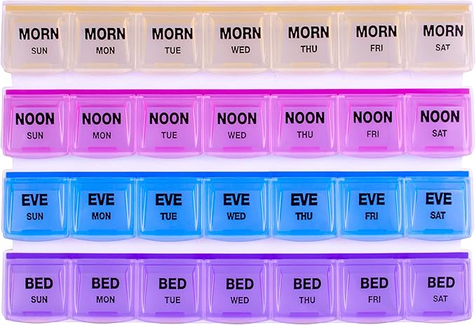 Apex 7-Day Mediplanner Pill Organizer, Weekly Pill Organizer, 4 Times A Day Color-Coded, Easy-Open, See-Through Lids, Organize Medication Or Vitamins by AM, PM, Evening and Bedtime