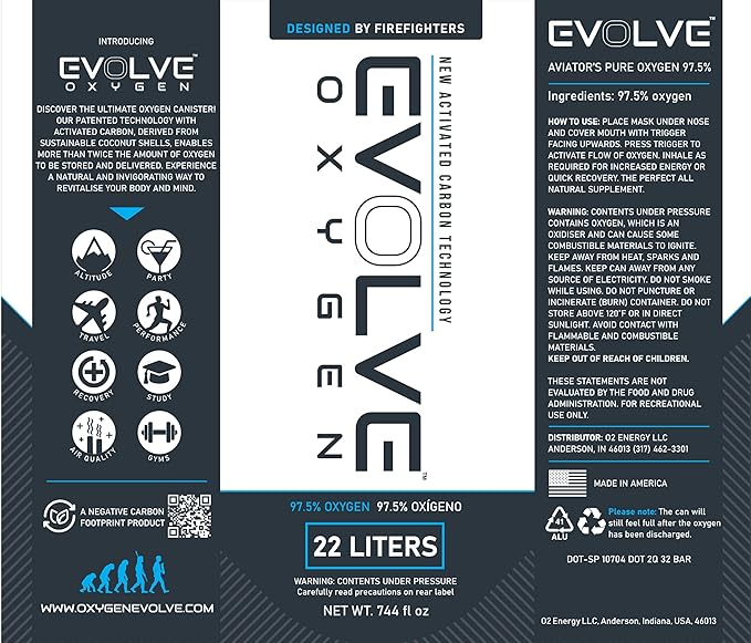 EVOLVE 22-Liter Pure Oxygen Canister with Breathing Cup | Portable Oxygen Can | Ideal for Home Use and Outdoor Activities | Designed by Firefighters | Made in The USA | Pack of 1