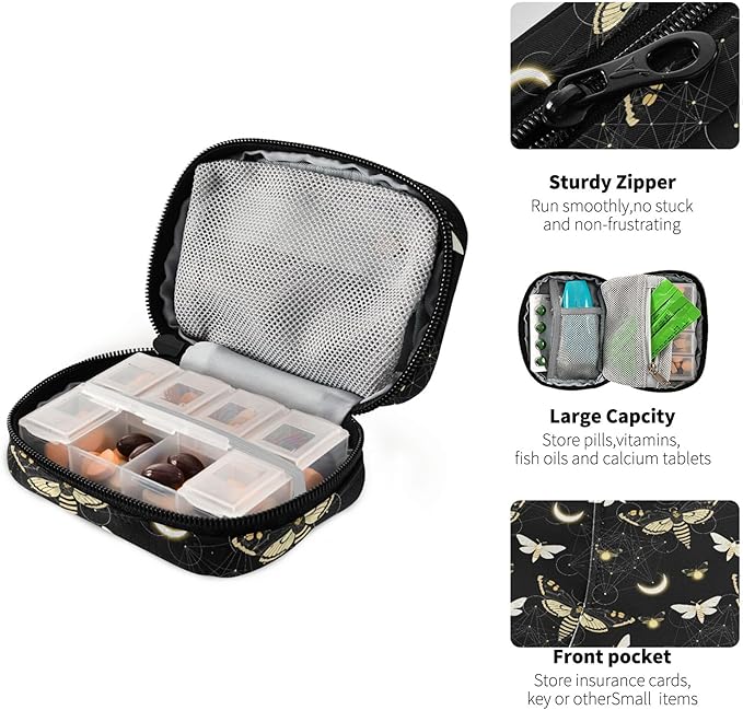 Travel Pill Organizer Bag Weekly Pill Organizer Case Death Moth Butterfly Portable Small Daily Pill Boxes for Vitamin Fish Oils Supplement Holder with Zipper Compact Size