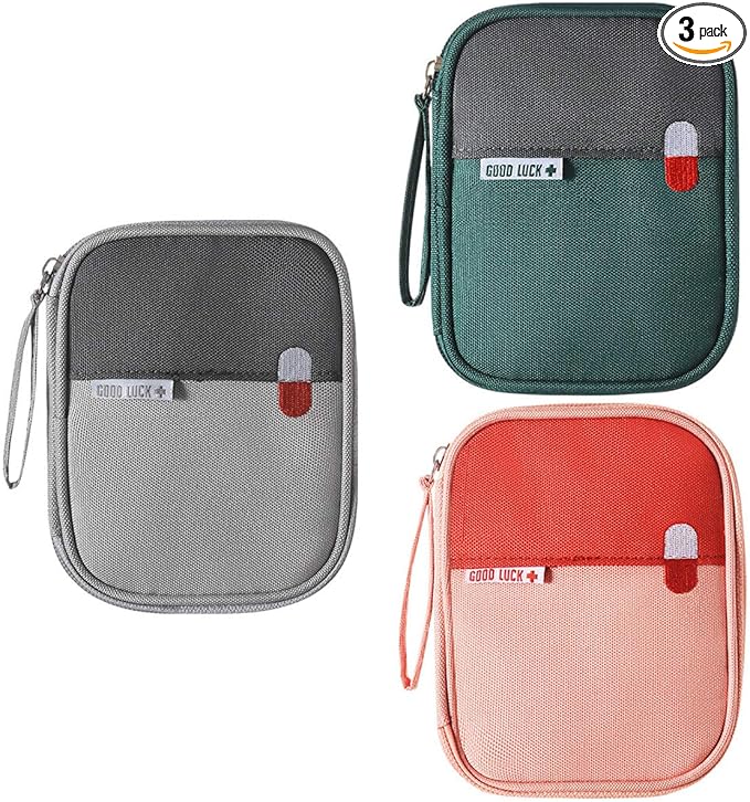 First Aid Kit Bag Empty Travel Medication Pouch Mini Zippered Oxford Medical Survival Kit Carrier Handy Medicine Pills Drugs Package Organizer with 3 Pocket+1 Main Holder-5.5x4.3x0.8Inch (3Pack-S)