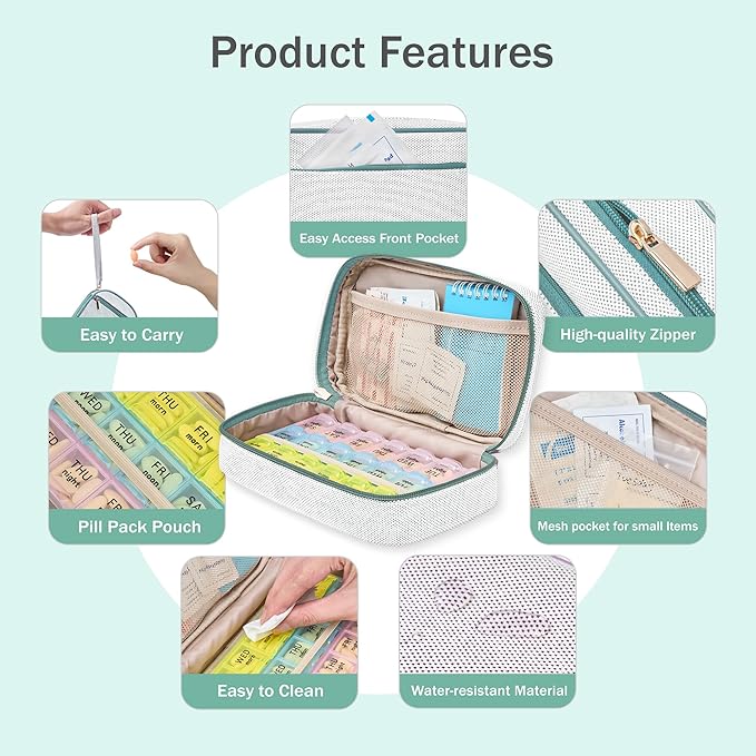 Weekly Travel Pill Organizer 3 Times A Day Pill Case for Purse with Removable 7 Day Pill Box Holder,Cute Medication Organizer Pill Container for Medicine, Vitamin, Fish Oils,Supplement(Teal, Large)