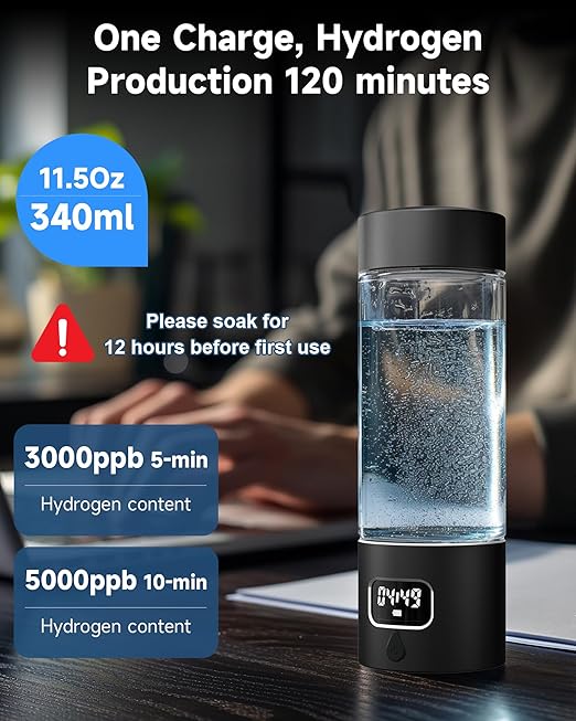 Hydrogen Water Bottle - Portable Rechargeable Water Bottle with LED Timer, Aluminum and Glass, 5000 PPB Hydrogen Production, Gift for Husband Wife Father Friend Client (Black, 11.6Oz)