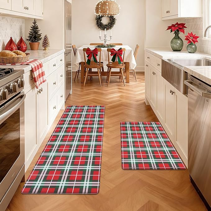 SHACOS Christmas Checkered Kitchen Rugs Set of 2 Anti-Fatigue Kitchen Mats Cushioned Christmas Kitchen Rugs Red Green Plaid Farmhouse Kitchen Mats and Rugs for Xmas 17x27.5+17x47, Red Green Plaid
