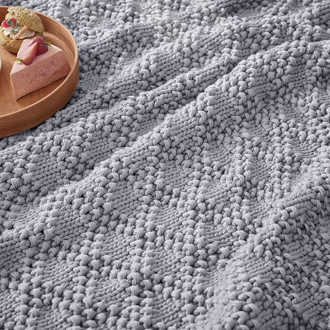 Knitted Weighted Blanket for Adult, Chunky Knit Weighted Throw for Sleep 60"*80" 12lbs, Cooling Breathable Machine Washable Heavy Blanket for Room Decor (Light Grey, Queen)