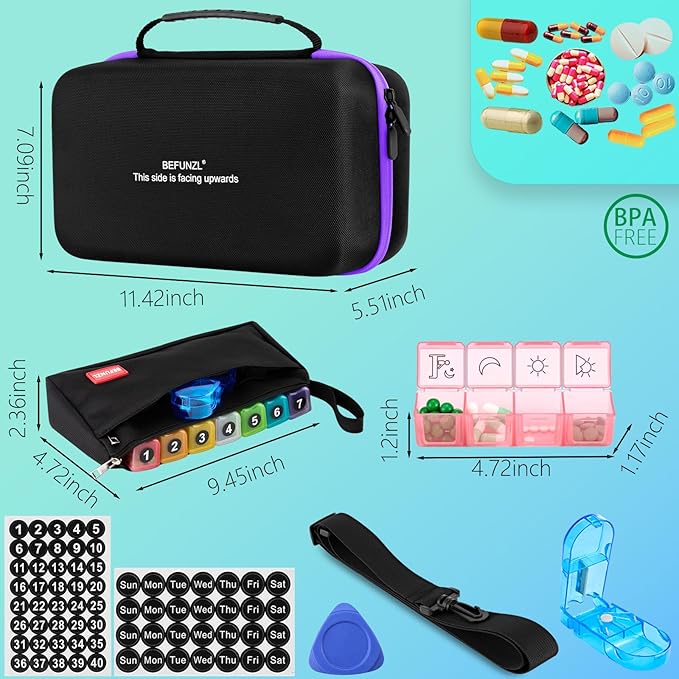 Monthly Pill Organizer, Medicine Organizer Box with Portable Hard Shell and Pill Cutter, 31 Day Pill Holder with Weekly Pill Bag (Purple, 4 Times a Day)