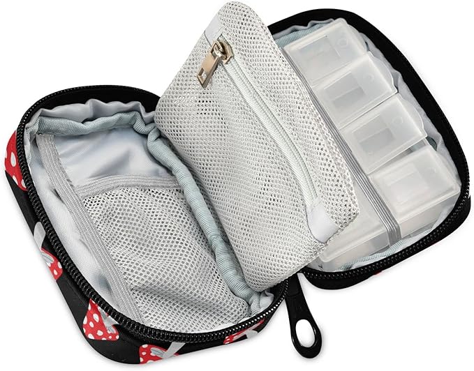 Pill Box Mushroom Cartoon 7 Day Pill Case Travel Pill Organizer Bag with Zipper Portable Weekly Vitamin Medicine Supplement Holder Pouch Bag