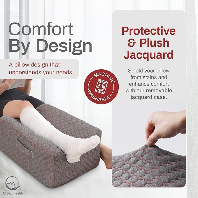AllSett Health Single Leg Elevation Pillow Post Surgery, Memory Foam Ankle Knee and Leg Wedge Pillow - 29 Inch x 13 Inch x 9.5 Inch