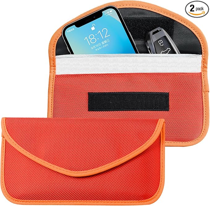 2PCS Faraday Bags for Car Key and Cell Phone, Signal Blocking Bag, Faraday Key Fob Protector, Universal Cell Phone Privacy Card Protection Car Accessories for Anti-Thefting (Orange)