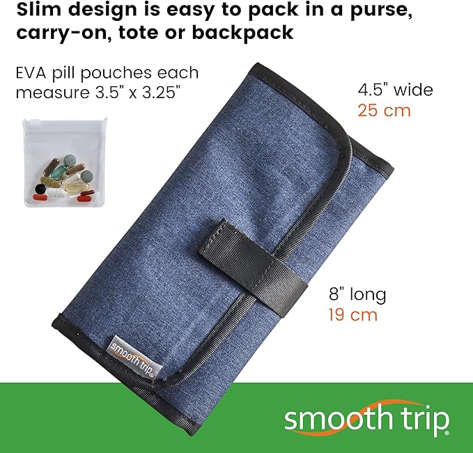 Smooth Trip Folding Pill Organizer - Slim Medicine Wallet and Foldable Pill Pouch Organizer with 8 Food Grade Zip-Close Pill Pouches for Home and Travel Medication Storage