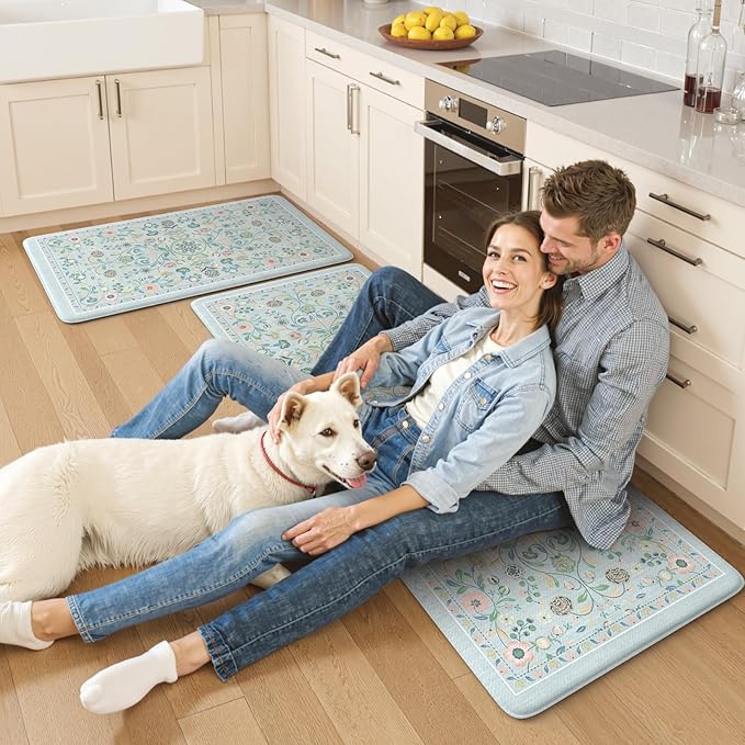 KIMODE Anti Fatigue Kitchen Mats for Floor Cushioned,Boho Floral Kitchen Rugs Sets of 2 Non Slip,Wide Memory Foam Kitchen Floor Mat for Laundry Sink Bathroom Office,Blue 20" x 47"+20" x 32"