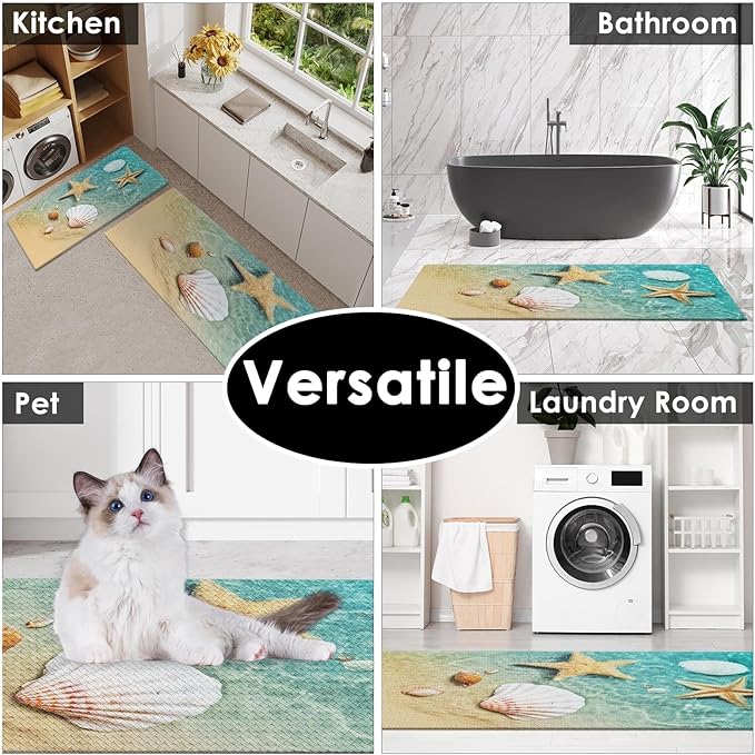 Anti-Fatigue Beach Kitchen Rug Set of 2 Cushioned Seashell Rug Mat for Floor, Summer Standing Waterproof Non-Slip Mat PVC Ergonomic Comfort Foam Decor for Kitchen
