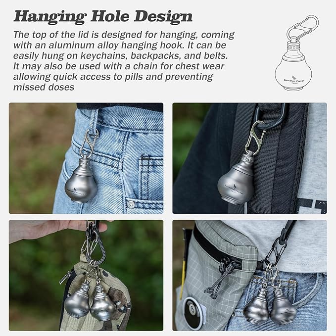 iBasingo Titanium Mini Pill Bottle Keychain Ultralight Waterproof Portable Medicine & Vitamin Storage Case for Outdoor Travel Emergency Metal Gourd Design (32.5g) Ti9006O (Silver)