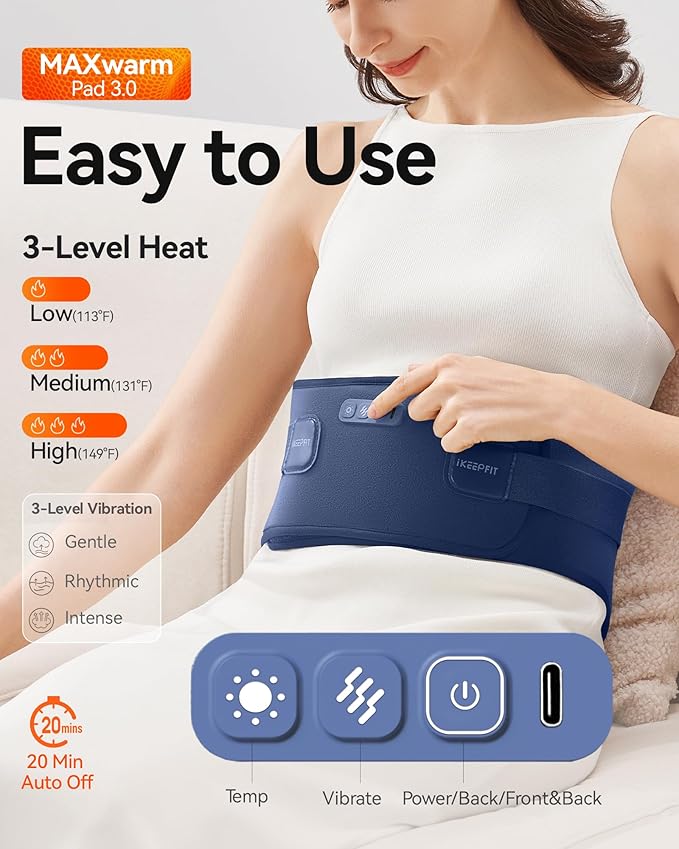 Portable Heating Pad for Back, Cordless Wearable Heat Belt with Massager for Lower Back Pain Relief, Battery Powered 8000 mAh Rechargeable, MAXwarm® 3.0, Gift for Women Men 90-310 lbs
