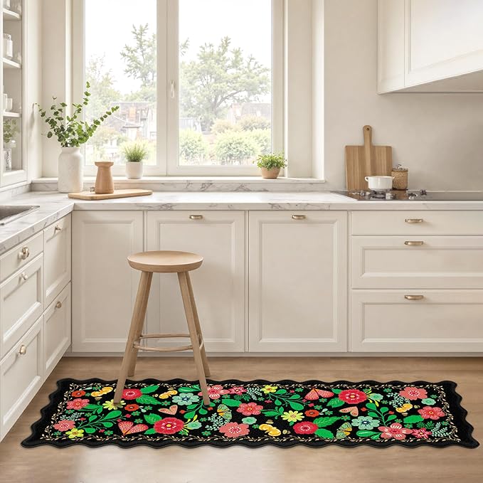 Scalloped Black Kitchen Mats for Floor Cushioned Anti Fatigue Kitchen Mats Rugs Waterproof Non Slip Farmhouse Boho Floral Comfort Foam Standing Mat for Sink Laundry, 17.3x59