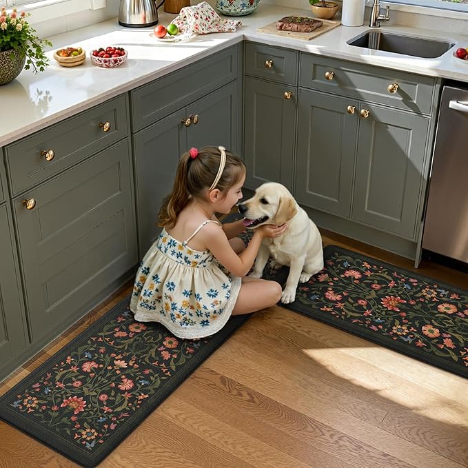 Collive Anti Fatigue Mats for Kitchen Floor, Waterproof Cushioned Kitchen Rugs Sets of 2 Non Skid Padded Sink Rugs, Vintage Floral Comfort Standing Mat for Laundry, Office, 17.3"x29"+17.3"x59", Black