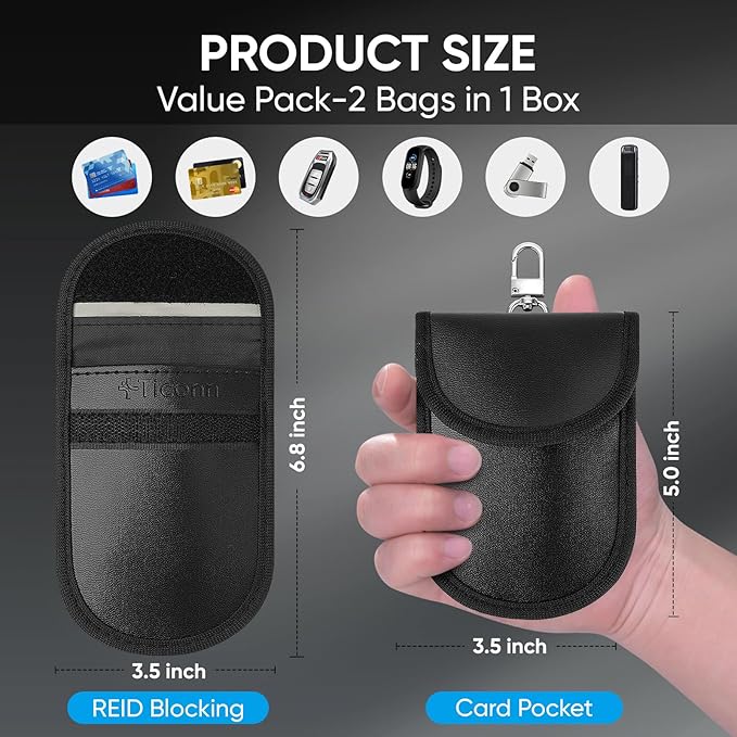 TICONN 2PK Faraday Bags for Car Keys Fob, 3.5''X5.0'' Faraday Cage Protector, Car RFID Signal Blocking, Anti-Theft Pouch Anti-Hacking Case Blocker (Black PU)