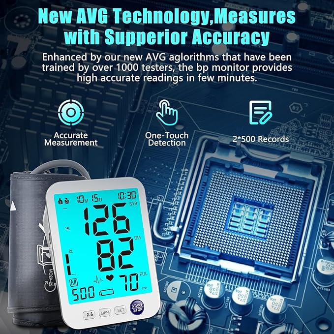 Blood Pressure Monitor Upper Arm Large LED Backlit Screen 1000 Sets Memory Automatic Digital BP Machine Adjustable BP Cuff 4 Batteries