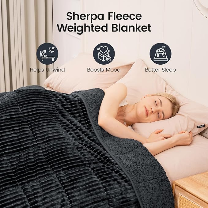 Sherpa Fleece Adult Weighted Blanket with Ribbed Stripes, 15 Pounds Dual Sided Soft Plush Blanket for Couch Bed Sofa, Heavy Thick Blankets with Glass Beads Great for Sleep, Dark Grey, 48" x 72"