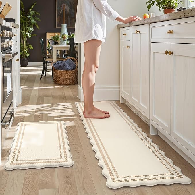 KIMODE Anti Fatigue Kitchen Mats, Beige Boho Kitchen Rugs, Padded Kitchen Mat for Floor, Comfort Standing Desk Mat, Cushioned Kitchen Mats for Floor 2 Piece for Laundry Office Sink 17"x59"+17"x29"