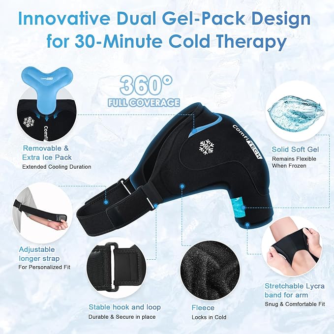 ComfiTECH Dual-Gel Shoulder Ice Pack Wrap with Extended 30-Minute Cooling for Rotator Cuff & Arm, Flexible Cold Compression Sleeve Shoulder Brace for Post-Workout, Discomfort, Muscle Relaxation, M