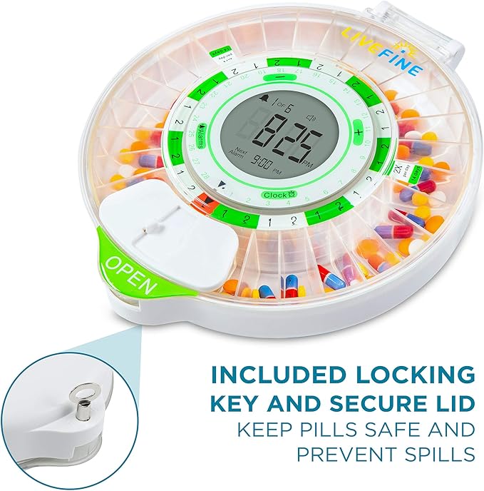 Live Fine 28-Day Automatic Pill Dispenser with Upgraded LCD Display, Key Lock, Sound & Light for Prescriptions, Medication, Vitamins, Supplements & More