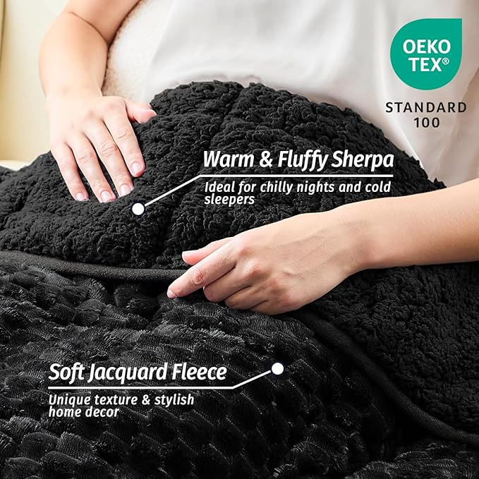Wemore Fleece Weighted Blanket for Adults (60" x 80" 15lbs, Black), Dual Sided Cozy Soft Sherpa Heavy Blanket, 3D Imitation Turtle Shell Warm Jacquard Flannel Weighted Blankets