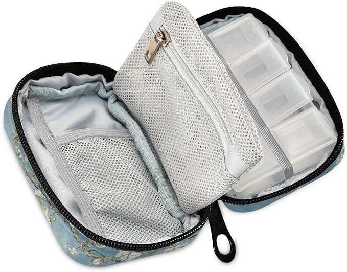 Almond Blossom Van Gogh Pill Box 7 Day Pill Case Bag Travel Pill Organizer Bag with Zipper Portable Weekly Case Compact Size for Vitamin Supplement Holder