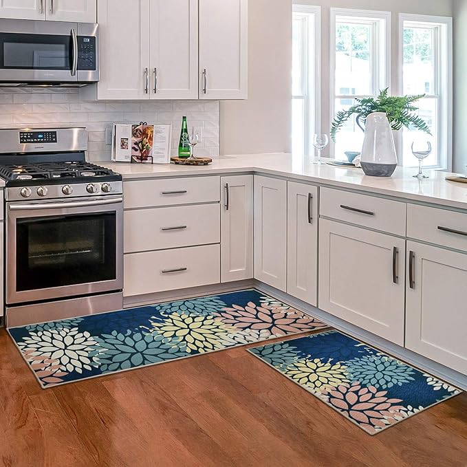 Blue Kitchen Mat Set of 2, Non Slip Boho Kitchen Rug for Floor,Farmhouse Outdoor Doormats Linen Runner Rug Washable Standing Mats for Entryway,Laundry,Office,Hallway 17"x47"+17"x30"