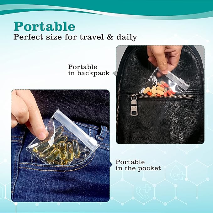 18 Pack Pill Pouch Bags - BPA Free, Transparent, 3 x 2.75 Inch, Reusable, Zipper Pill Pouches for Travel, Medicine, Jewelry, Small Craft Pieces