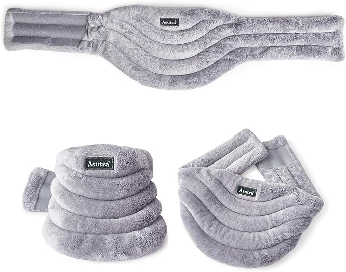 ASUTRA Navy Silk Eye Pillow and Plush Gray Weighted Neck Wrap Bundle Set, 2 Products - Weighted Eye Mask Filled w/Lavender & Flax Seeds, Hands-Free Microwaveable Heat Pad and Cooling Neck Wrap