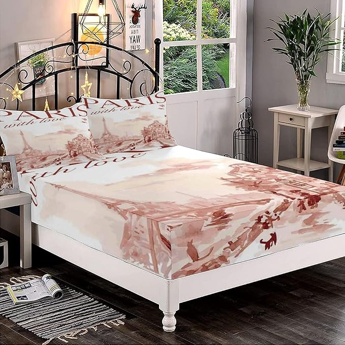 XISUNYA Decorative Bedding Sheet Set Queen Size, Paris Decor Deep Pockets Fitted Sheet & 2 Pillow Sham Set, Vintage Watercolor Paris Tour Eiffel and Old Streets Print Microfiber 3pc Bed Sheets Set