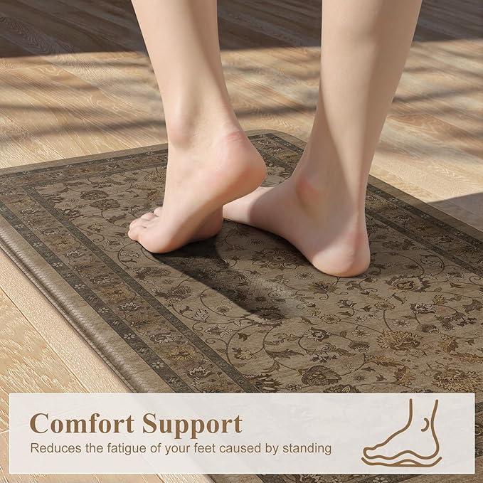 KIMODE Comfort Kitchen Floor Mats Cushioned Anti Fatigue,Boho Farmhouse Rugs for Floor Sets of 2,Memory Foam Ergonomic Kitchen Mat Non Slip for Laundry Office Bathroom Decor,Brown