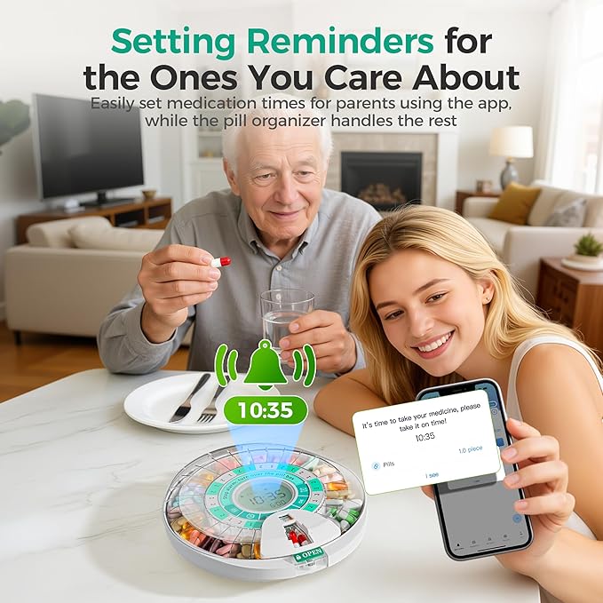 Betife Automatic Pill Dispenser,28-Day Smart Bluetooth Pill Box, App Support Automatic Pill Case with 6 Alarms & Light Reminder, Monthly Timer Dispenser,Electronic Medication Management for Seniors