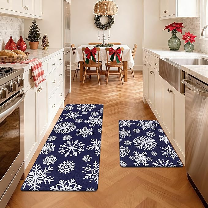 SHACOS Christmas Kitchen Rugs Set of 2 Anti-Fatigue Kitchen Mats Cushioned Blue Christmas Kitchen Rugs White Snow Farmhouse Kitchen Mats and Rugs for Xmas 17x27.5+17x47, Blue Snowflakes