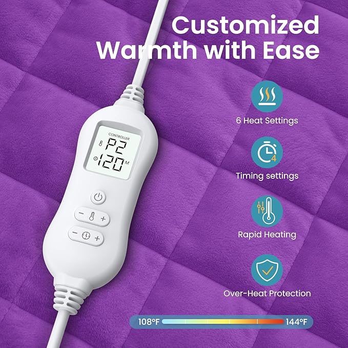 NOWWISH 5lbs Weighted Heating Pad for Women, Electric Heated Weighted Blanket with 6 Heat Settings, Timer & Auto Shut-Off, Relief for Period Cramps, Back Pain, Lap, Machine Washable, 29x24 inch Purple