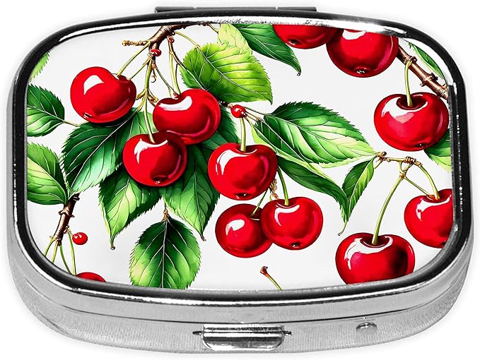 Pill Box-2 Compartment Small Pill Case Square Organizer Case with Mirror Portable Metal Medicine Box Travel Container for Pocket & Purse Women Men(Cherry)