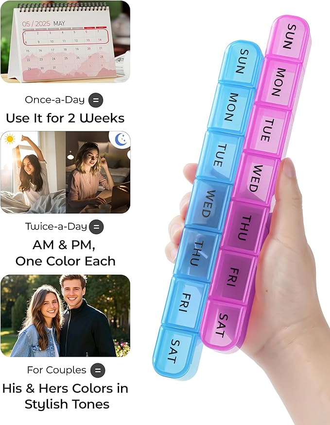 2 Pack Weekly Pill Organizer, Large 7 Day Pill Box, BPA-Free Travel Medicine Case, Easy Open & Secure Close, Portable Pill Holder for Vitamins, Supplements & Medications - Blue&Purple