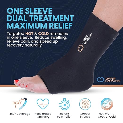 CopperFreeze™ Ankle Sleeve by Copper Compression – Hot & Cold Therapy Support for Ankle Pain, Swelling, Sprains, Plantar Fasciitis, and Injury Recovery – 360° Copper Infused Relief for Foot & Heel – One Size